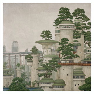 Rimeleaf Plates style, Midjourney V7: megacity with futuristic bioarchitecture