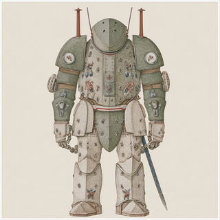 Rimeleaf Plates style, Midjourney V7: concept art character design of retropunk steam knight