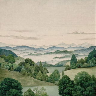 Rimeleaf Plates style, Midjourney V7: realistic landscape photograph of quiet dawn