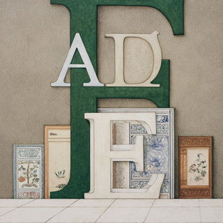 Rimeleaf Plates style, Midjourney V7: typographic composition with large letters