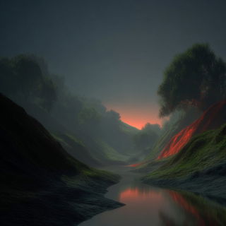 Aurumfog style, Midjourney V7: realistic landscape photograph of quiet dawn