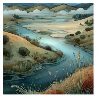 Goblin Threadseam style, Midjourney V7: realistic landscape photograph of quiet dawn