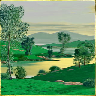 Glossbaroque style, Midjourney V7: realistic landscape photograph of quiet dawn