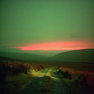 Chromafog style, Midjourney V7: realistic landscape photograph of quiet dawn