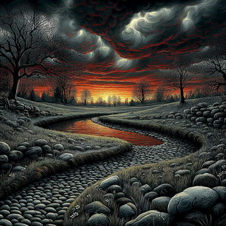 Cindervault style, Midjourney V7: realistic landscape photograph of quiet dawn