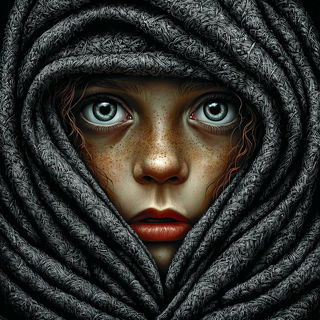 Cindervault style, Midjourney V7: photographic portrait of female protagonist