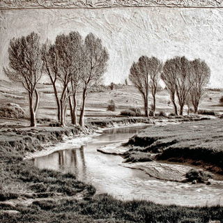 Chalcopulp style, Midjourney V7: realistic landscape photograph of quiet dawn