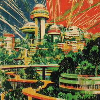 Carnivaltograph style, Midjourney V7: megacity with futuristic bioarchitecture