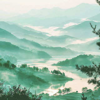 Mintgas Branchwork style, Midjourney V7: realistic landscape photograph of quiet dawn