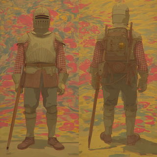 Rotocel Hinterland style, Midjourney V7: concept art character design of retropunk steam knight