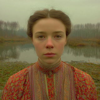 Rotocel Hinterland style, Midjourney V7: photographic portrait of female protagonist