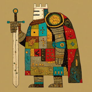 Crackform style, Midjourney V7: concept art character design of retropunk steam knight