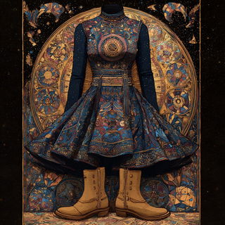 Aureochrome style, Midjourney V7: haute-couture fashion outfit