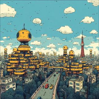 Inkcoast Aerofauna style, Midjourney V7: megacity with futuristic bioarchitecture
