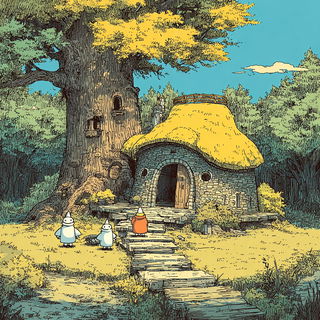 Inkcoast Aerofauna style, Midjourney V7: retro fairy-tale illustration