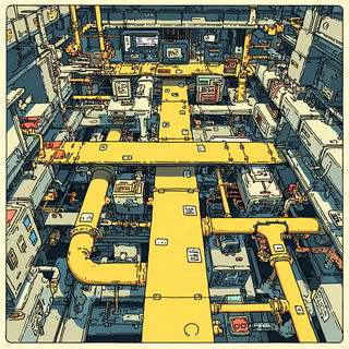 Inkcoast Aerofauna style, Midjourney V7: technical infrastructure blueprint schematics
