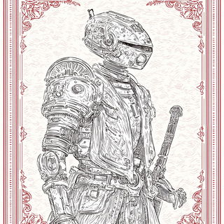 Crimson Folio style, Midjourney V7: concept art character design of retropunk steam knight