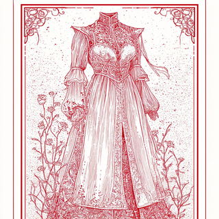Crimson Folio style, Midjourney V7: haute-couture fashion outfit