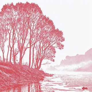 Crimson Folio style, Midjourney V7: realistic landscape photograph of quiet dawn