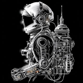 Mycocelestial Engraving style, Midjourney V7: concept art character design of retropunk steam knight