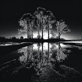 Mycocelestial Engraving style, Midjourney V7: realistic landscape photograph of quiet dawn