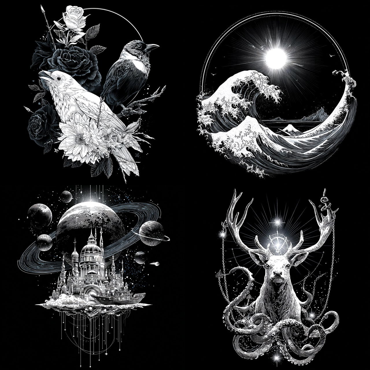 Mycocelestial Engraving style, Midjourney V7, render 1 of 4
