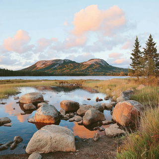 Featherburst style, Midjourney V7: realistic landscape photograph of quiet dawn