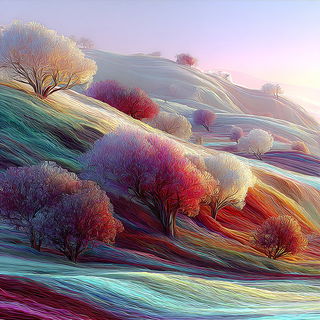 Ribboneer style, Midjourney V7: realistic landscape photograph of quiet dawn