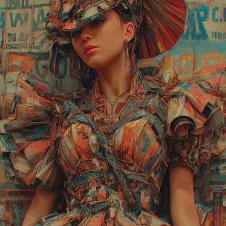 Coralicon style, Midjourney V7: haute-couture fashion outfit