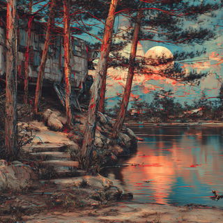 Coralicon style, Midjourney V7: realistic landscape photograph of quiet dawn