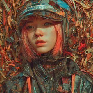 Coralicon style, Midjourney V7: photographic portrait of female protagonist