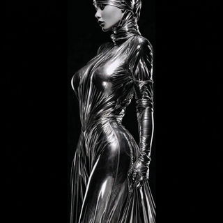 Voidchrome style, Midjourney V7: haute-couture fashion outfit
