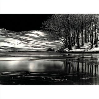 Voidchrome style, Midjourney V7: realistic landscape photograph of quiet dawn