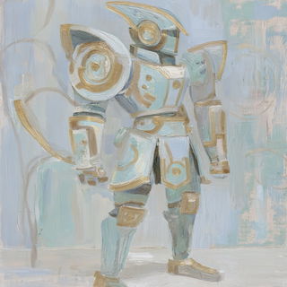 Sumiello style, Midjourney V7: concept art character design of retropunk steam knight