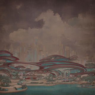 Mistcartouche style, Midjourney V7: megacity with futuristic bioarchitecture
