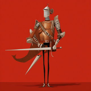 Cutoutquake style, Midjourney V7: concept art character design of retropunk steam knight