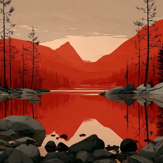 Cutoutquake style, Midjourney V7: realistic landscape photograph of quiet dawn