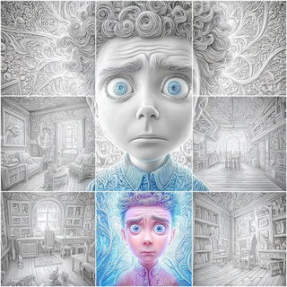 Shellbark Folklore style, Midjourney V7: black-and-white manga comic strip