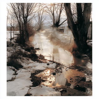 Smoldering Contact Sheet style, Midjourney V7: realistic landscape photograph of quiet dawn