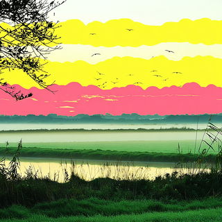 The Yellow Margin Studio style, Midjourney V7: realistic landscape photograph of quiet dawn