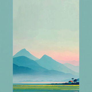 Mistralith style, Midjourney V7: realistic landscape photograph of quiet dawn