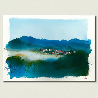 Splattersaur style, Midjourney V7: realistic landscape photograph of quiet dawn