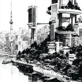 Linoclast Megascapes style, Midjourney V7: megacity with futuristic bioarchitecture