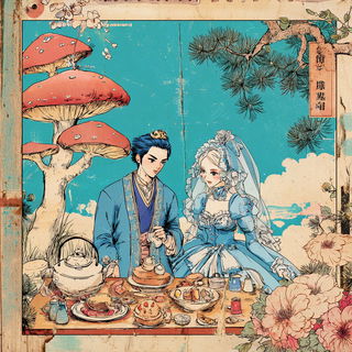 Kitsune Inkstorm style, Midjourney V7: retro fairy-tale illustration