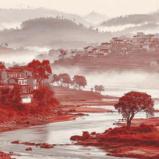 Pagodrome style, Midjourney V7: realistic landscape photograph of quiet dawn