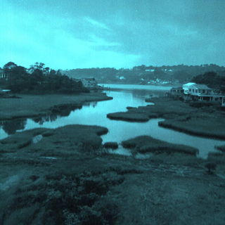 Infrared Midwayism style, Midjourney V7: realistic landscape photograph of quiet dawn