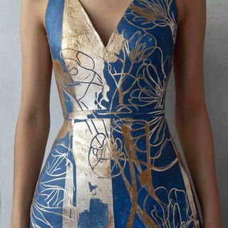 Indigo Arabesque style, Midjourney V7: haute-couture fashion outfit