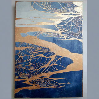 Indigo Arabesque style, Midjourney V7: realistic landscape photograph of quiet dawn