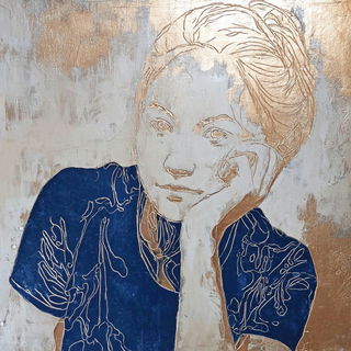 Indigo Arabesque style, Midjourney V7: photographic portrait of female protagonist