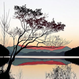 Pagodacel style, Midjourney V7: realistic landscape photograph of quiet dawn
